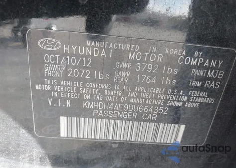 2013 Hyundai Elantra Gls from USA, damaged, VIN KMHDH4AE9DU664352
